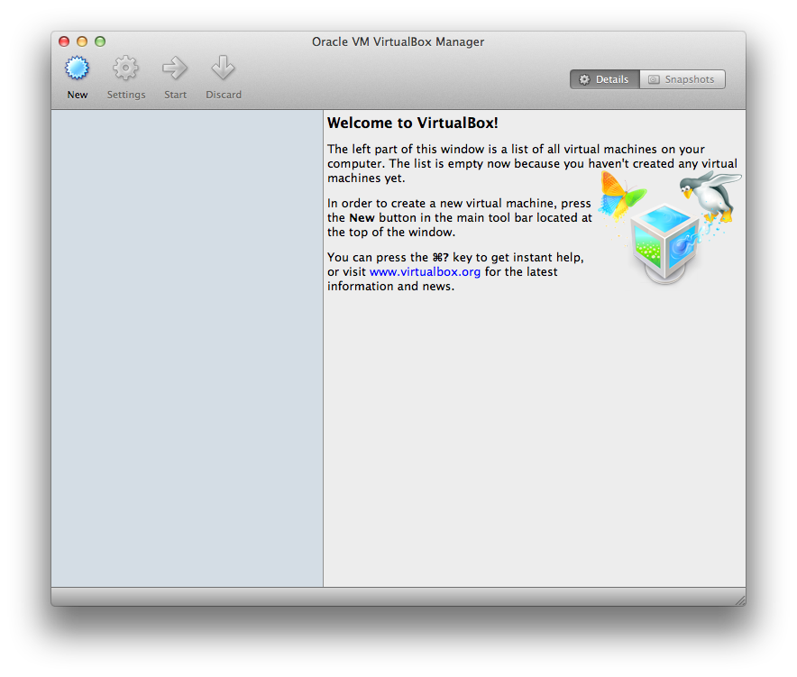 Giao diện ban đầu của VirtualBox, click New (icon màu xanh) để tạo một máy ảo mới.