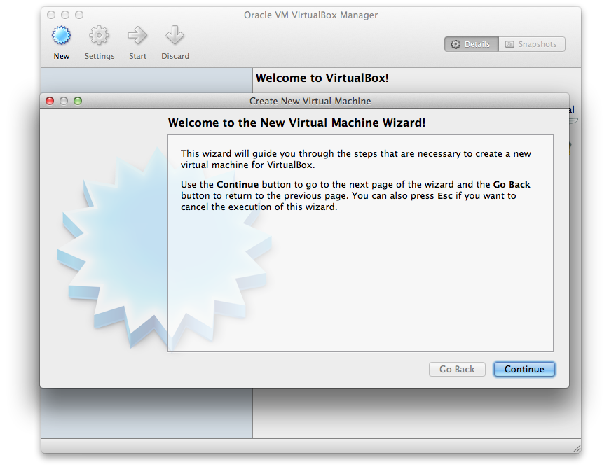Hộp thoại chào mừng của VirtualBox nhấn Continue để tiếp tục.