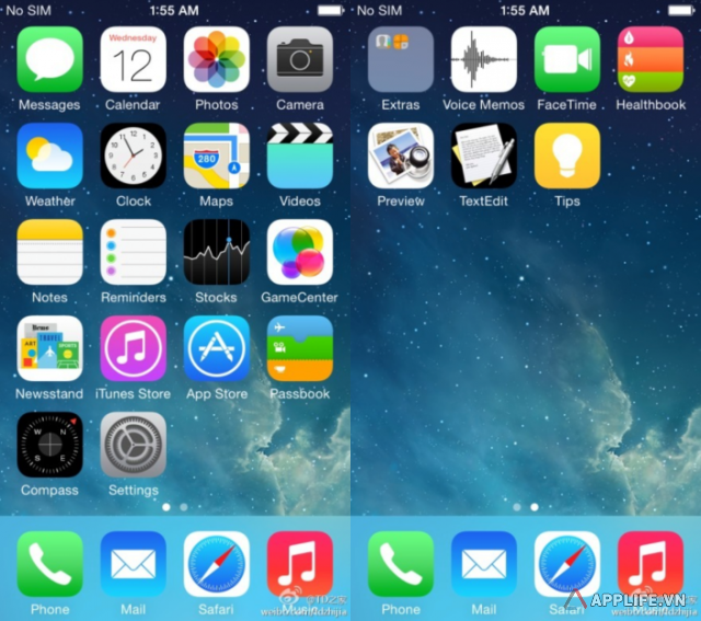Màn hình chính của iOS 8 với biểu tượng các ứng dụng mới Healthbook, Preview và TextEdit