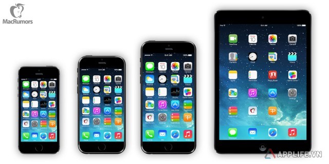Trái sang phải: iPhone 5s, iPhone 6: 4.7", iPhone 6: 5.5" và iPad Mini