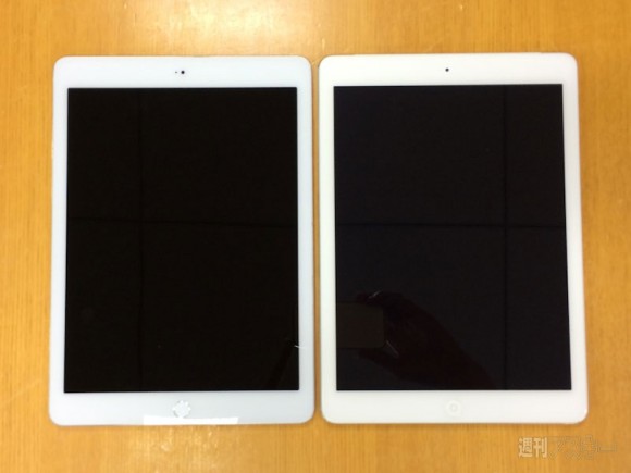Ảnh rò rỉ iPad Air 2 (bên trái) so sánh với iPad Air đầu tiên bên phải, thế hệ tiếp theo có Touch ID và camera thu âm tăng cường.
