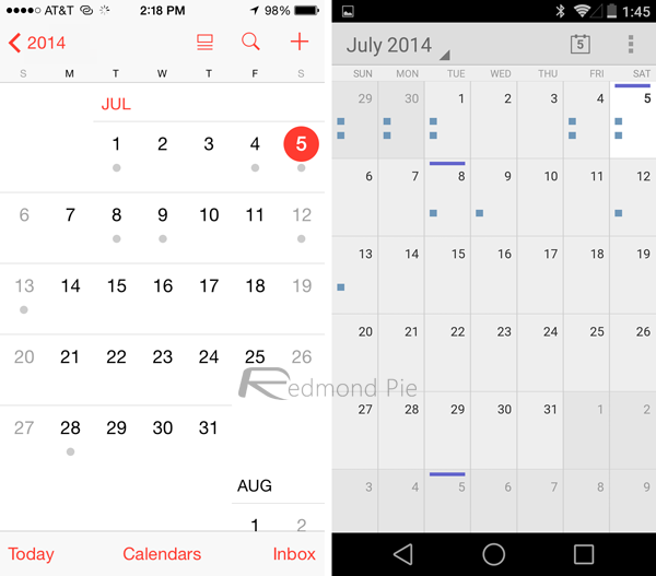 Chức năng lập lịch của iOS 8 (trái) và Android L (phải)