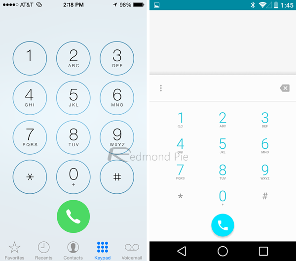 Màn hình thực hiện cuộc gọi của iOS 8 (trá) và Android L (phải)