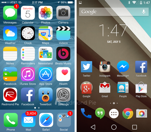 Màn hình Home của iOS 8 (trái) và Android L (phải)