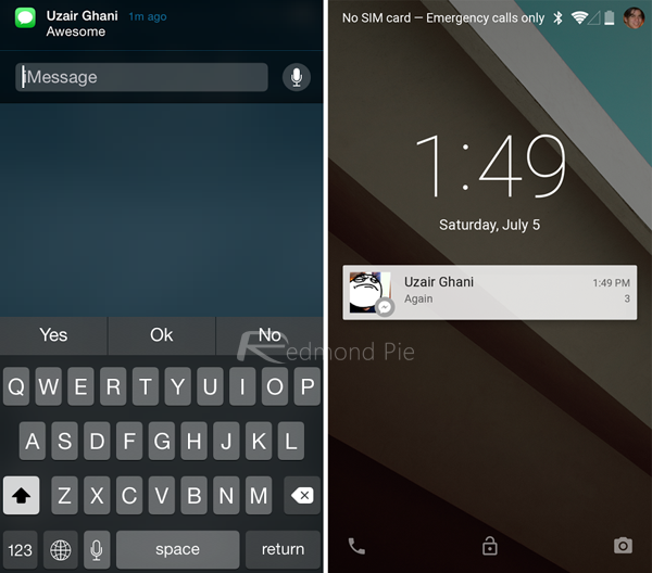 Chức năng Quick Reply trên iOS 8 (trái) và Android L (phải)