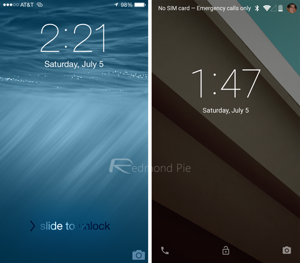 Màn hình Lock của iOS 8 (trái) và Android L (phải)