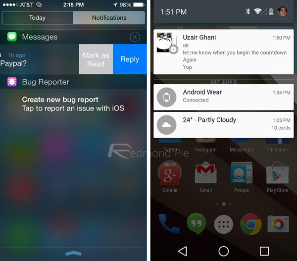 Quick Reply trong Notification Center của iOS 8 (trái) và Android L Notifications (phải)