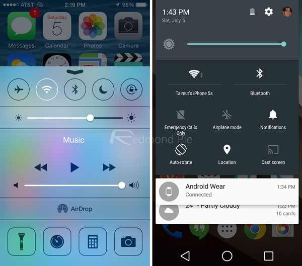 Control Center của iOS 8 và Quick Toggle của Android L (phải)