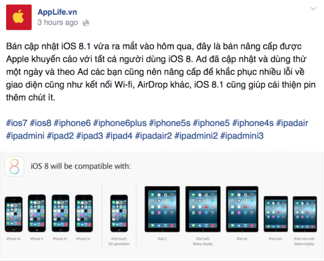 Đánh giá sơ iOS 8.1 của AppLife.vn trên fan page Facebook