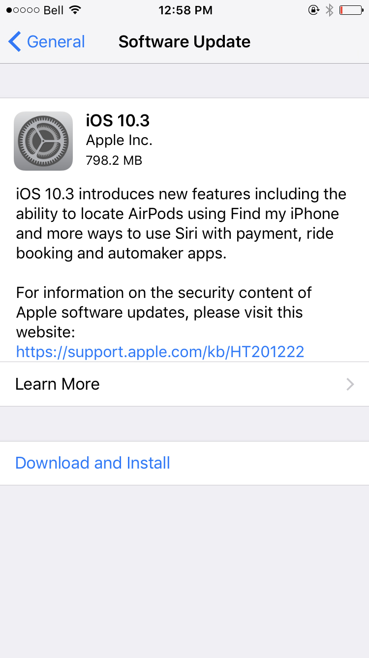 iOS 10.3 bản chính thức cập nhật qua OTA