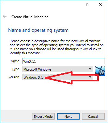 Chọn Windows 3.1 trong mục Version